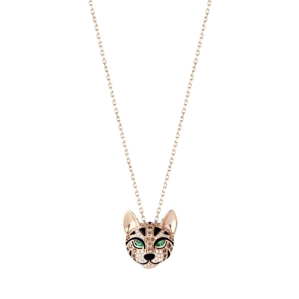 Fuzzy the leopard cat pendant pink gold 