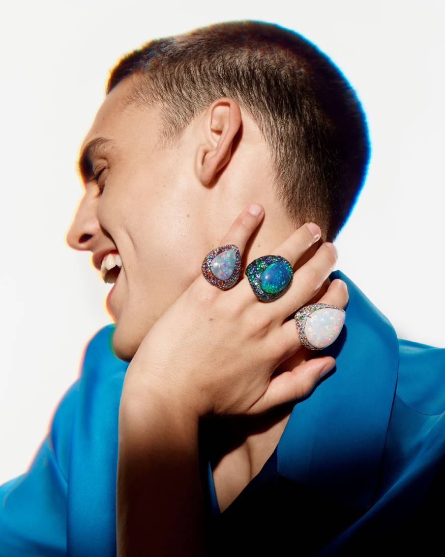 model wearing a rings from the carte blanche holographic collection 