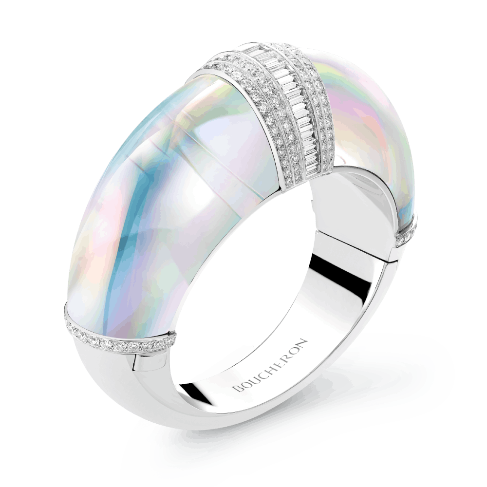 HALO - Bracelet set with holographic rock crystal and diamonds, in white gold.
