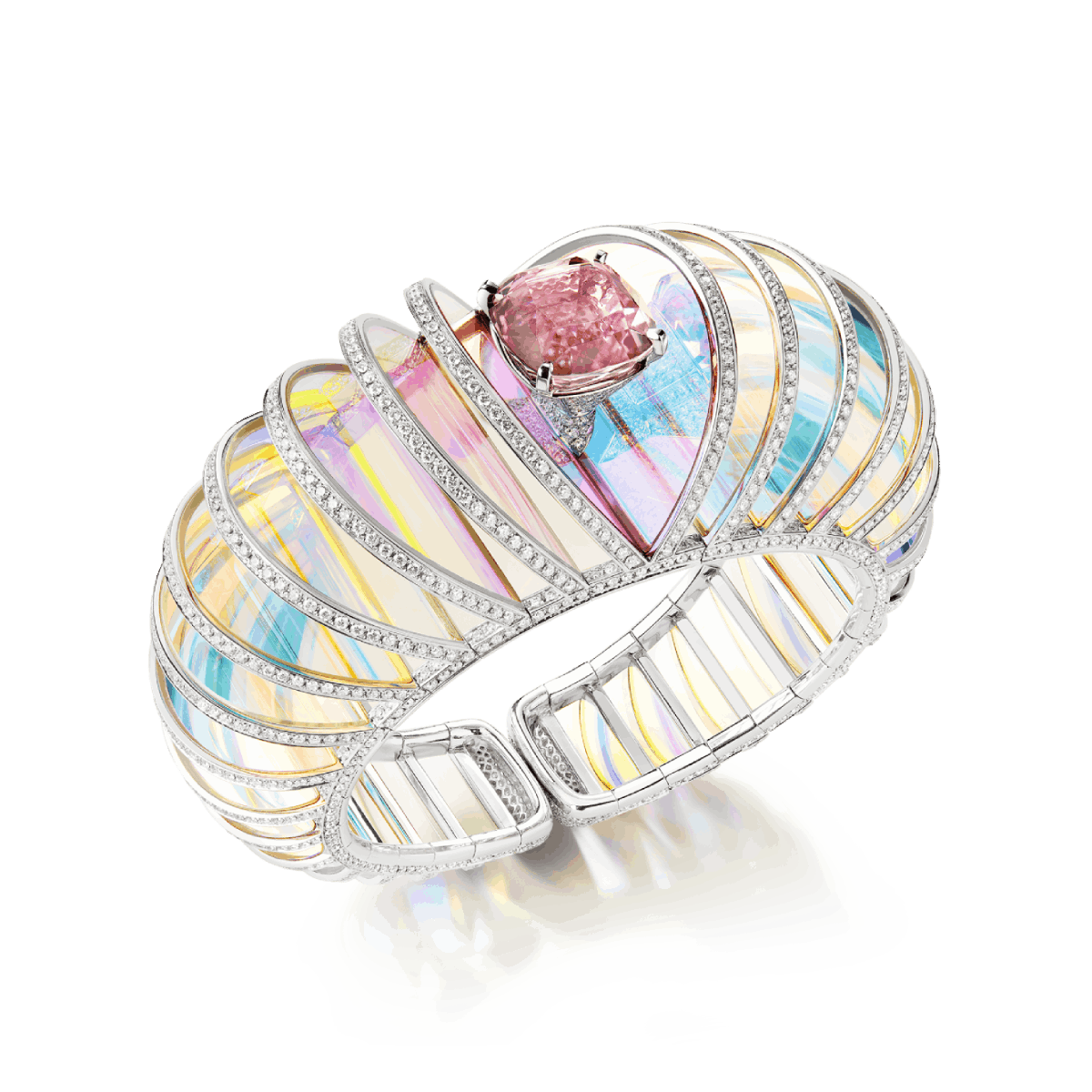 HOLOGRAPHIQUE - Bracelet set with a 14.93 ct cushion-cut pink tourmaline and holographic rock crystal, paved with diamonds, in white gold.