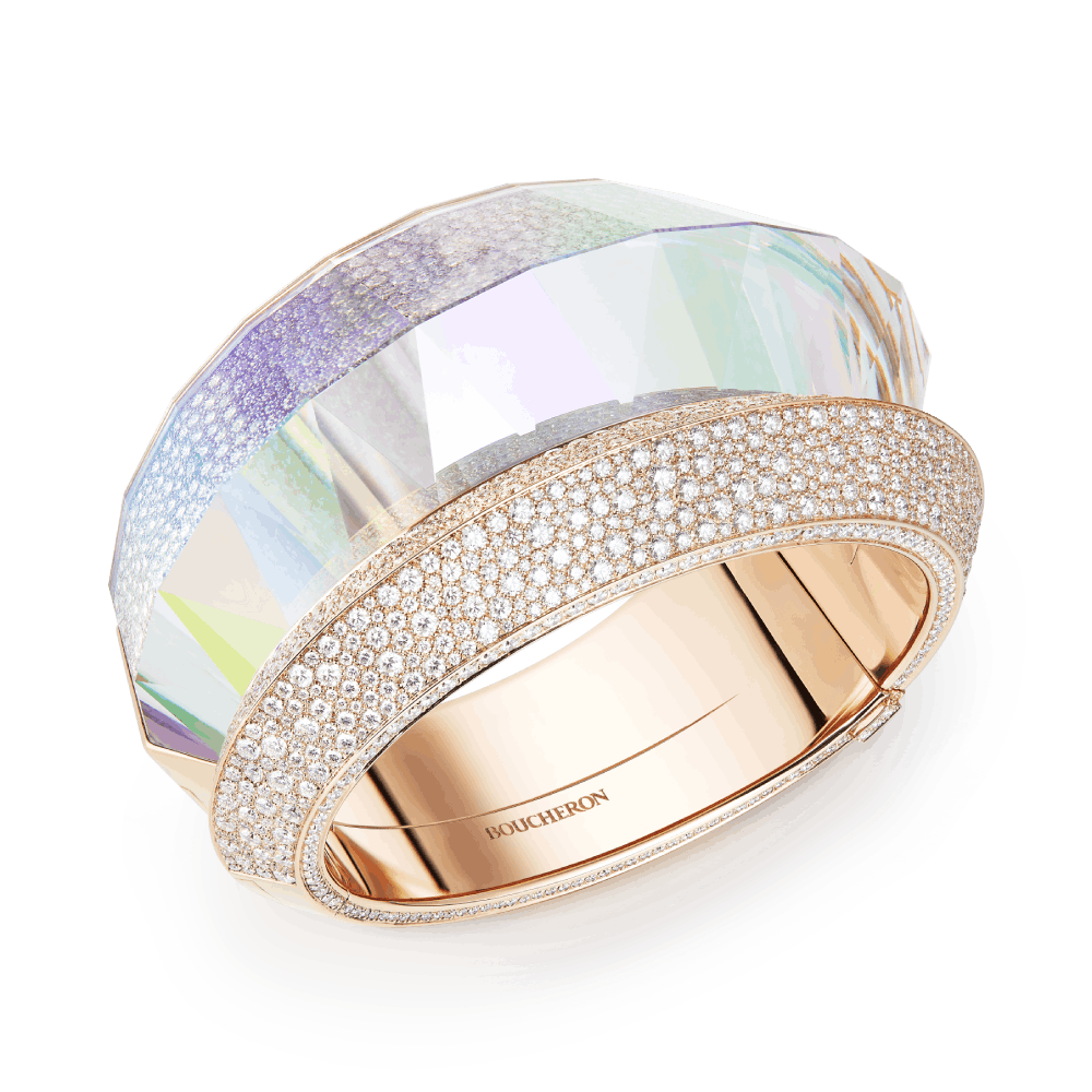 FAISCEAUX - Bracelet set with holographic rock crystal and diamonds, in pink gold.
