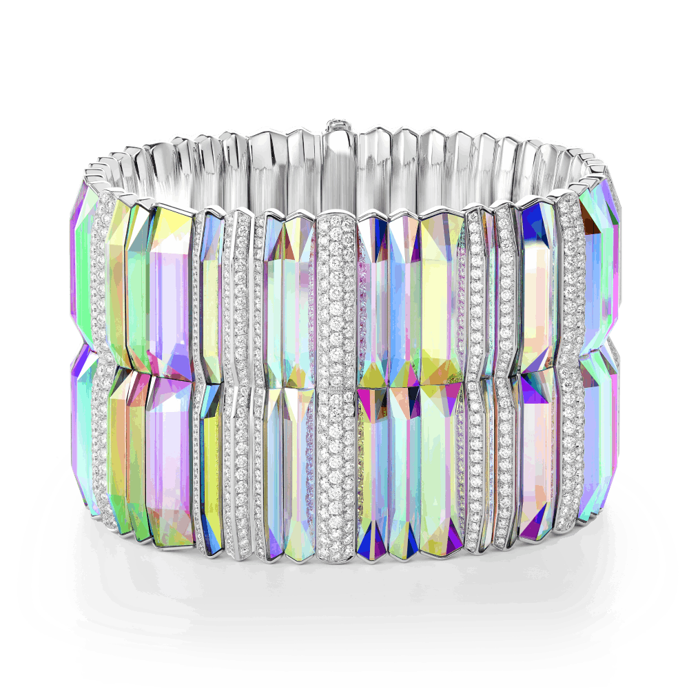 PRISME - Bracelet set with holographic rock crystal and diamonds, in white gold.