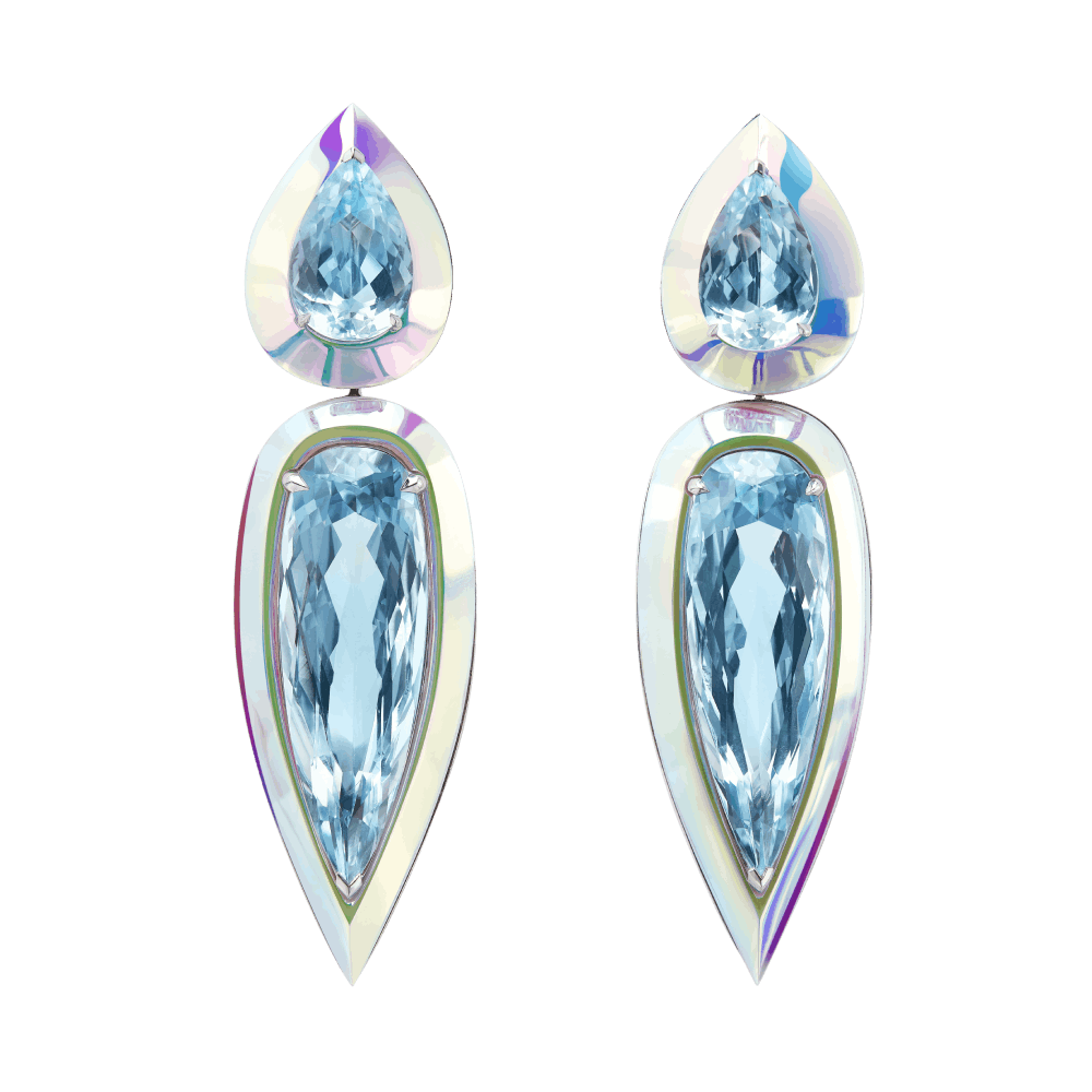 LASER - Pendant earrings set with 4 pear aquamarines and holographic ceramic, in white gold. Pendant earrings in the tradition of the multiwear.