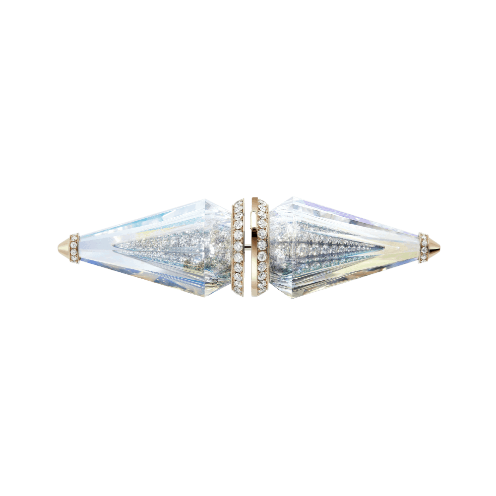 FAISCEAUX - Brooch set with holographic rock crystal and diamonds, in pink gold.
