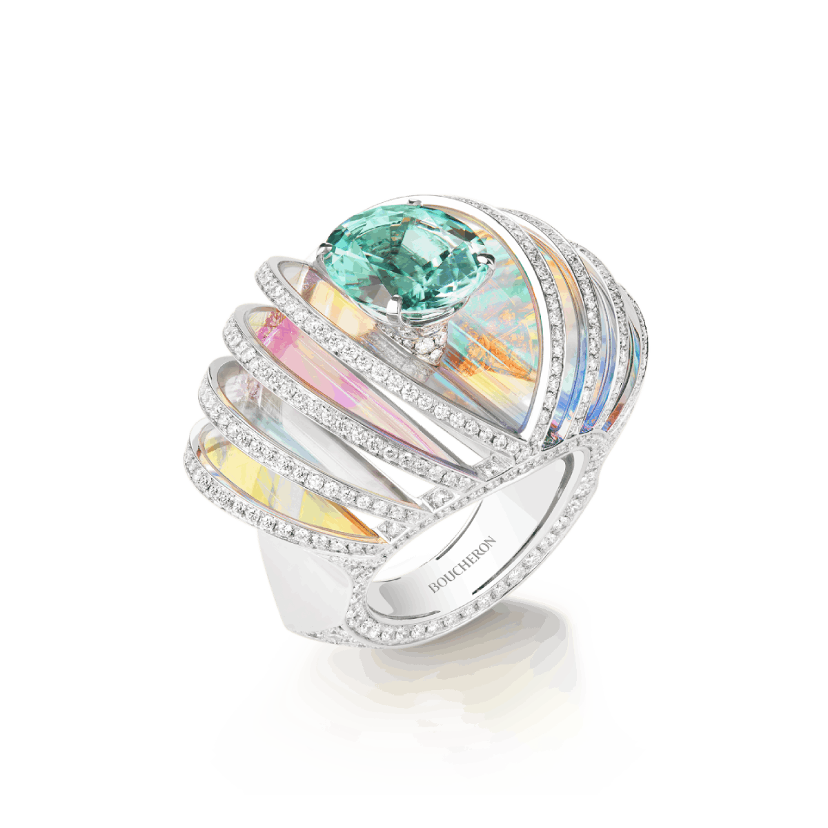 HOLOGRAPHIQUE - Ring set with a 4.61 ct oval blue tourmaline and holographic rock crystal, paved with diamonds, in white gold.