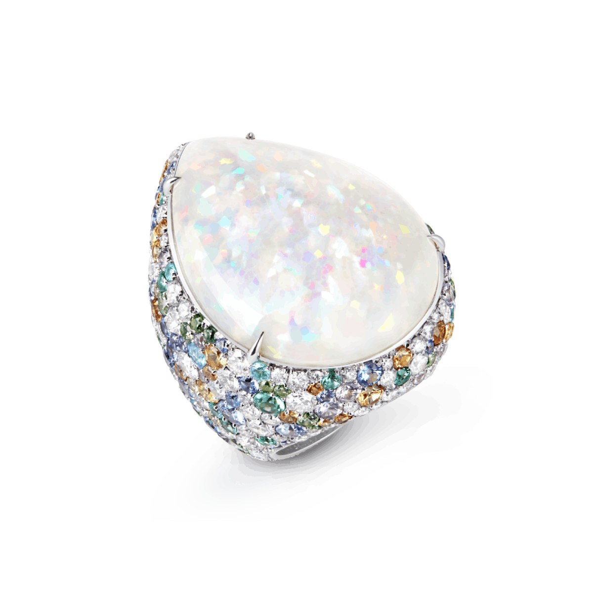 ILLUSION - Ring set with a 50.95 ct pear cabochon white opal from Ethiopia, blue, yellow and pink sapphires, tsavorites, orange and green garnets, emeralds, blue tourmalines and diamonds, in white gold.