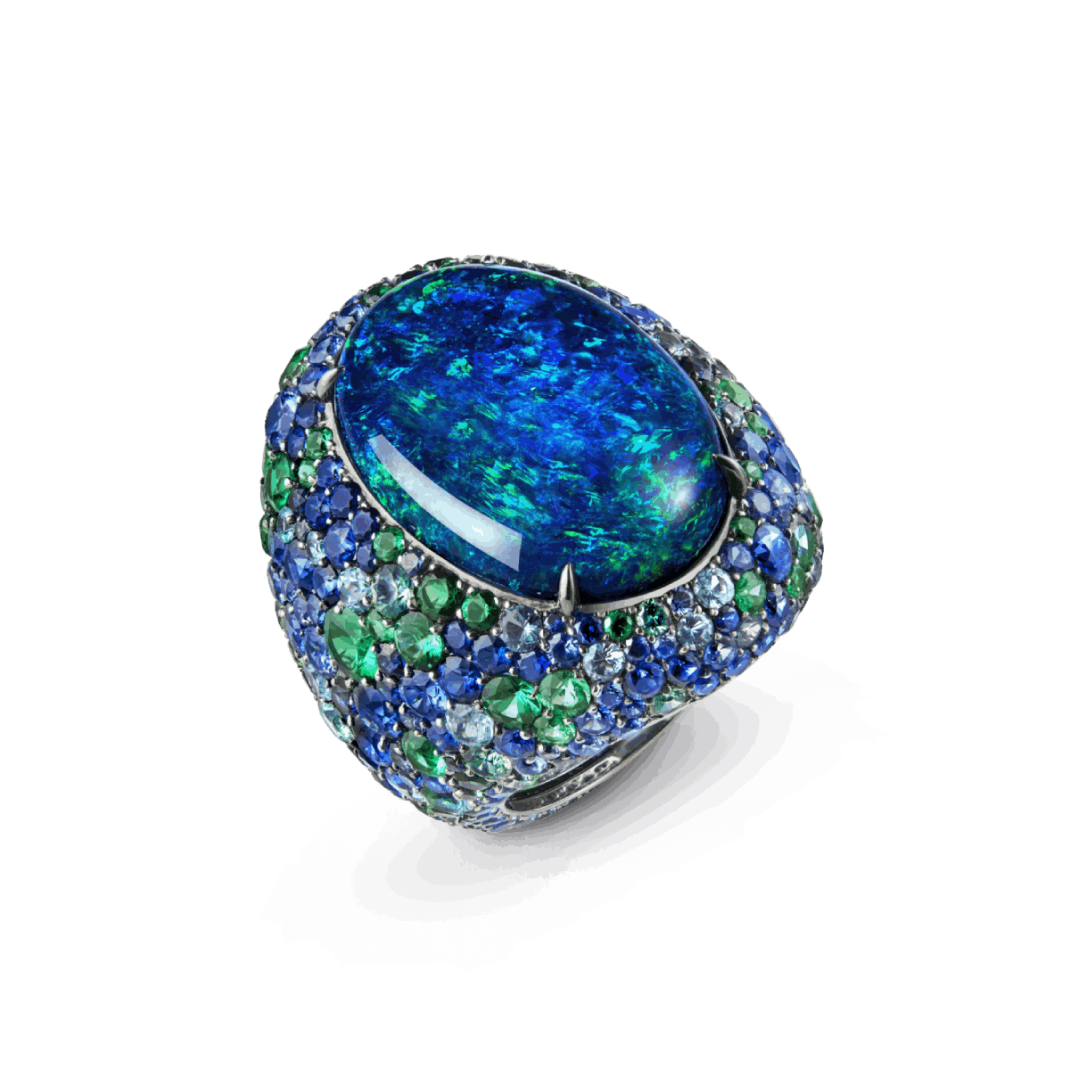 ILLUSION - Ring set with a 30.98 ct oval cabochon black opal from Australia, in white gold.
