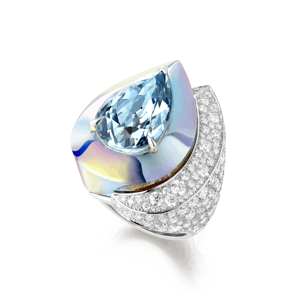 LASER - Ring set with a pear aquamarine and holographic ceramic, paved with diamonds, in white gold.