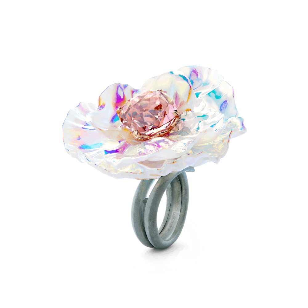 CHROMATIQUE - Ring set with a 12.73 ct cushion-cut pink tourmaline, holographic ceramic and diamonds, in titanium and white gold.