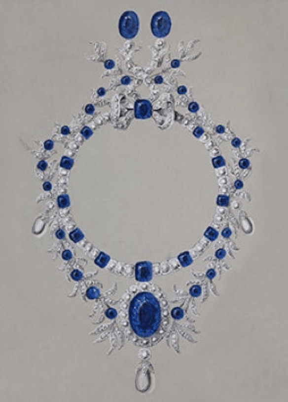 drawing of Marie-Louise MacKay's 159-carat sapphire necklace
